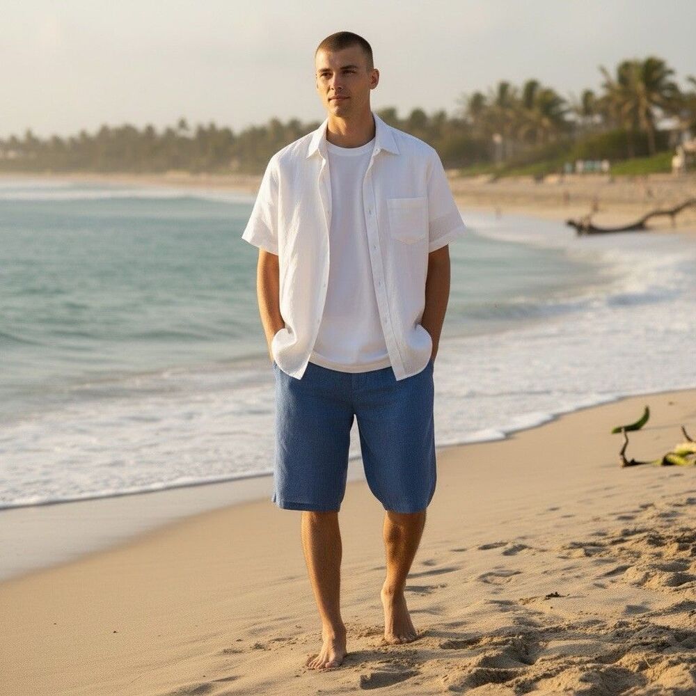 Porter & Ash Mens White Linen Shirt L Euro Summer Coastal Button Front Beachy
